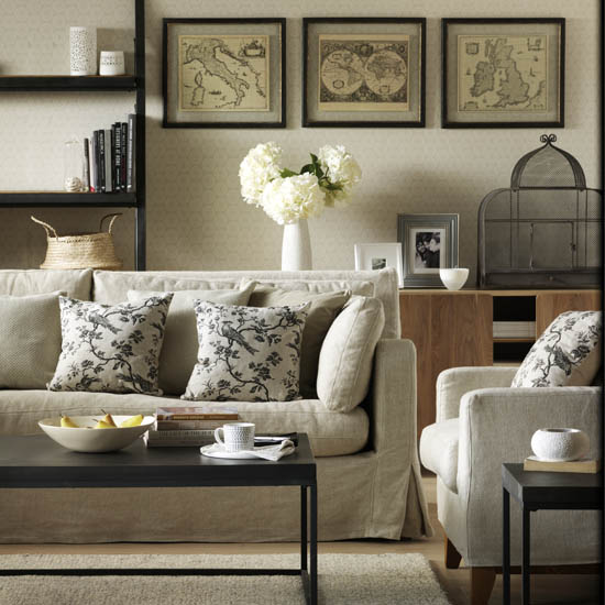 Neutral coloured living room, geometric patterned wallpaper, metal birdcage, vintage framed maps, IH 03/2014